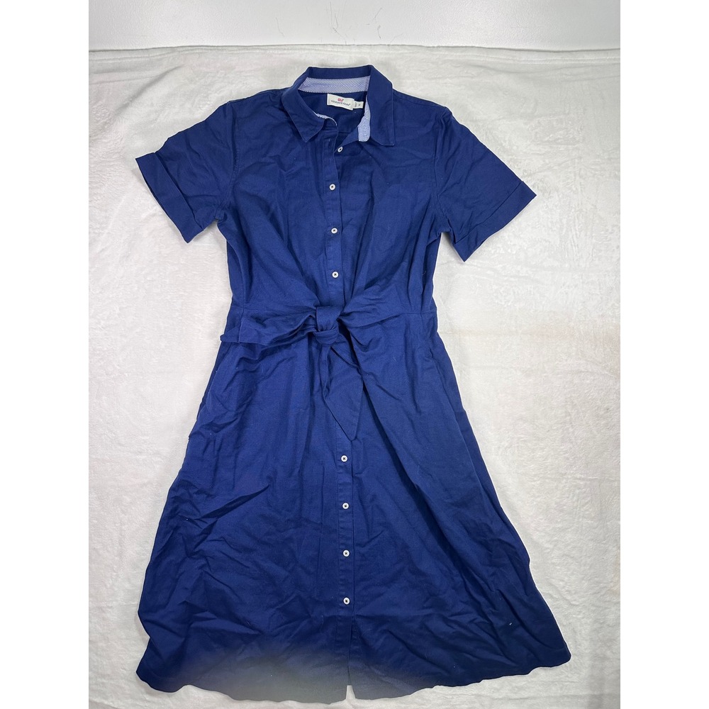 Vineyard Vines Linen Cotton Tie Waist Shirt Dress 10 Blue Short Sleeve Womens